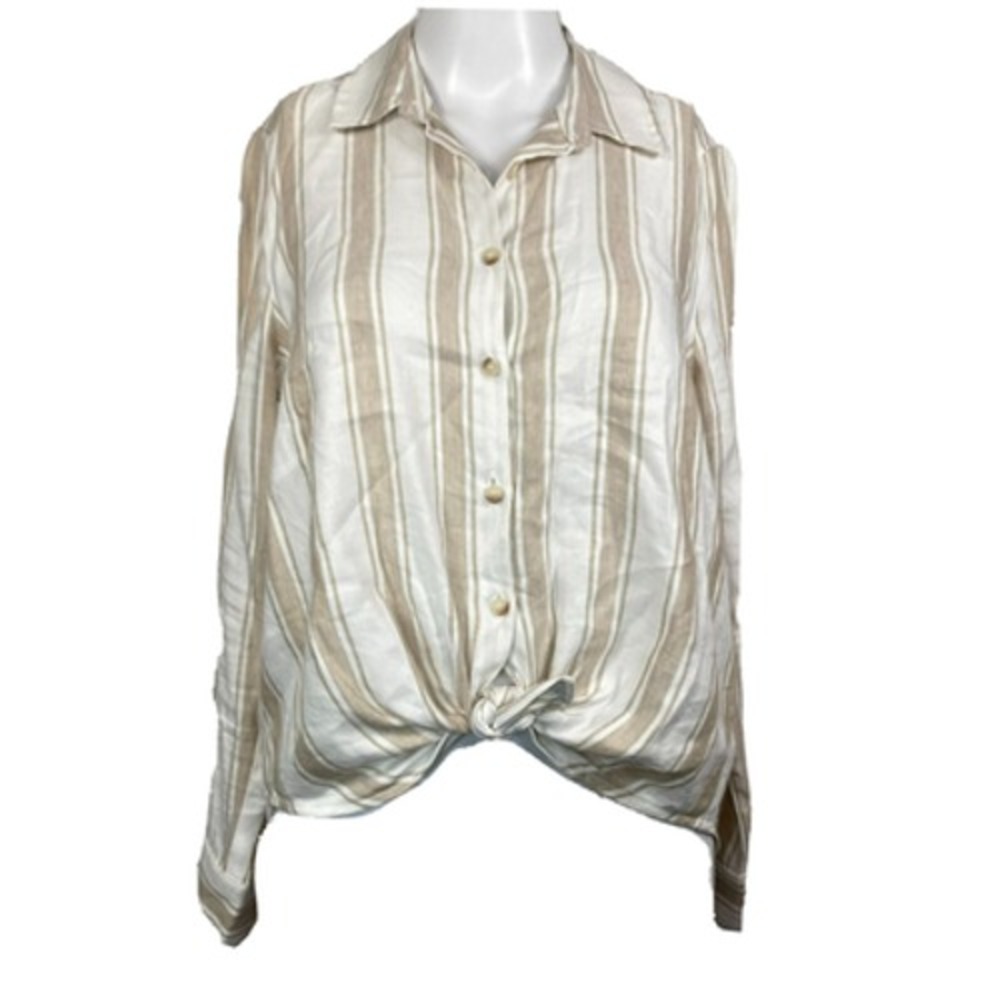 Maven West Shirt Womens Sz XS Beige Ivory Striped Linen Top Button Up Tie Front